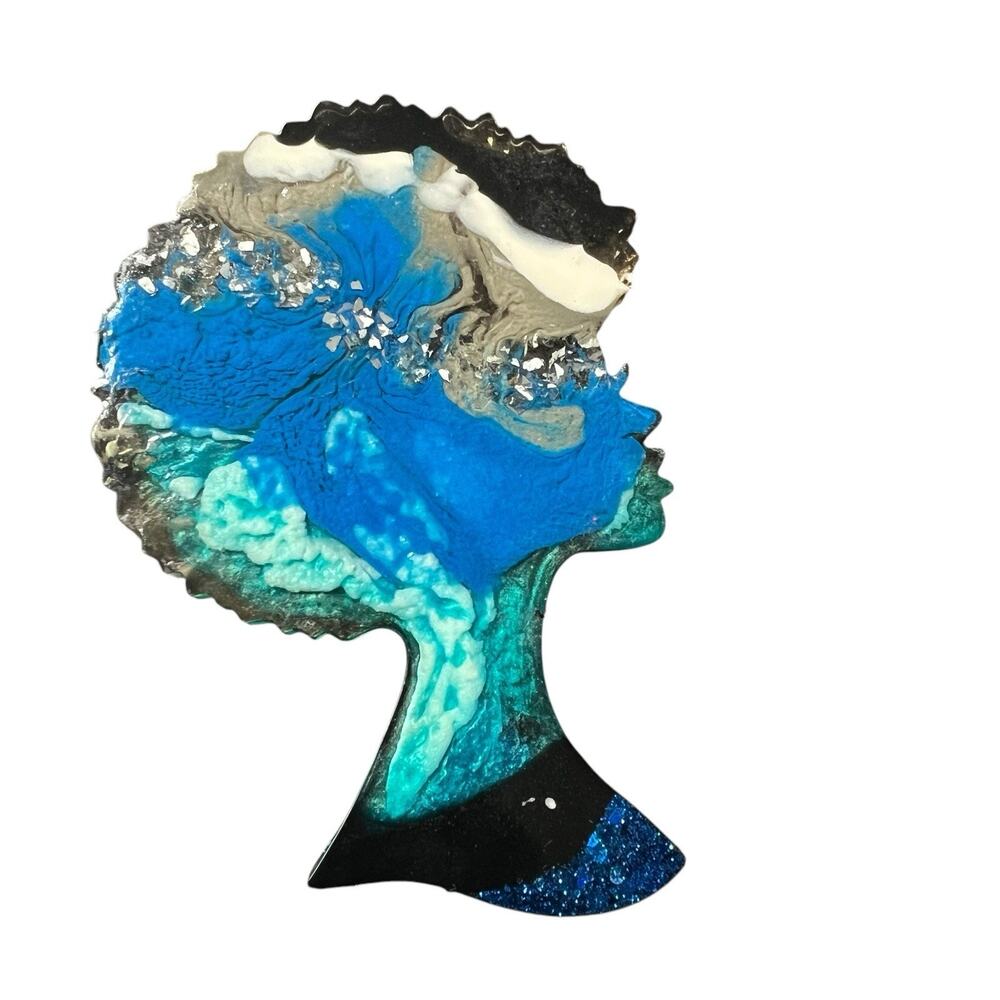 Afro Lady Head Resin Coasters Blue Green Black Set of Three